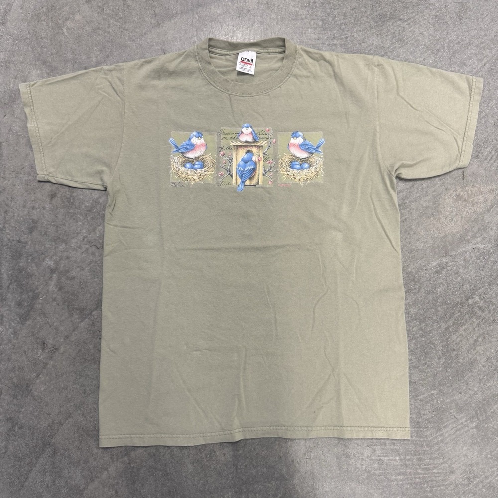 Vintage Bluebird Nature Graphic T-Shirt Men's Large Sage Green Anvil Earthtone L